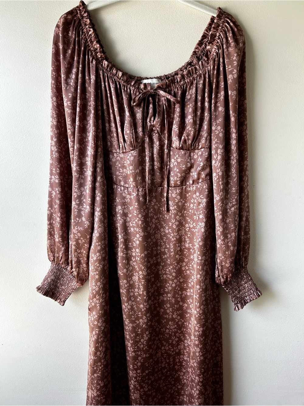 Cottagecore Peasant Renaissance Bohme Noa Satin Midi Dress Floral Mauve Brown M